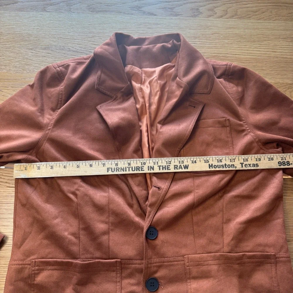 Mens Faux Suede Two Button Blazer Jacket Rust Brown Large Patch Pockets Lined